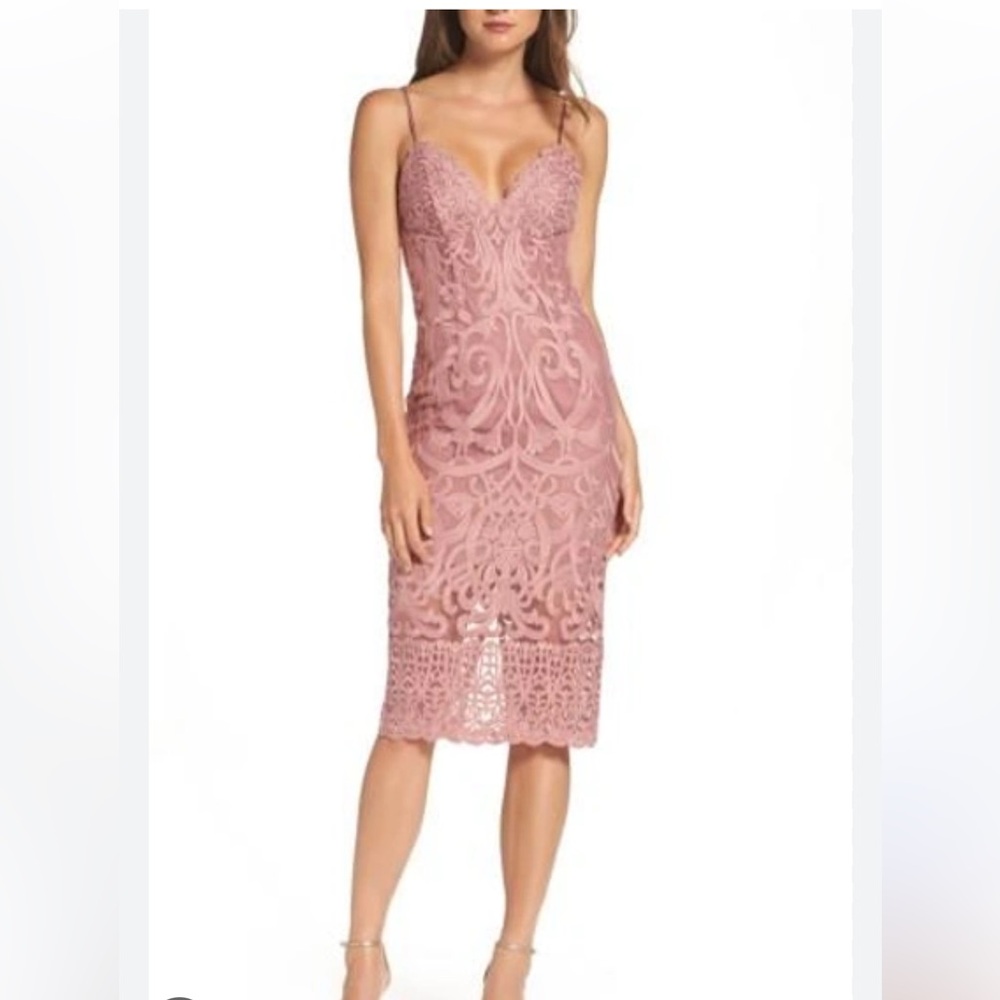 Bardot Gia Lace Pencil Midi Dress Spaghetti Strap Latte‎ Pink Embroidered L